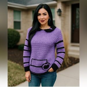 Vtg Crochet Hand Knitted Hooded Sweater Size Medium